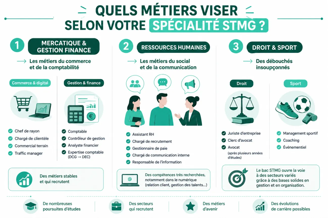 Infographie horizontale présentant les principaux métiers accessibles après un bac STMG selon la spécialité choisie. Les parcours Mercatique et Gestion-Finance orientent vers les métiers du commerce, du digital, de la comptabilité et de la finance. La spécialité Ressources Humaines mène vers le recrutement, la communication et la gestion des talents. Des débouchés existent également dans le droit et le sport, avec des carrières en juridique, management sportif, coaching et événementiel. Design moderne sur f